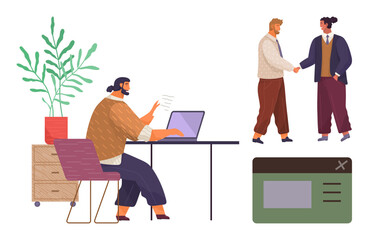 Professional at desk typing on a laptop, coworkers shaking hands, interface design element in lower right. Ideal for teamwork, collaboration, professionalism, digital workspace, online services