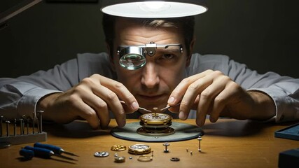Watchmaker repairing intricate timepiece under lamp
