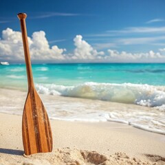 Wooden Paddle in Sand on Tropical Beach - Vacation & Adventure Ready