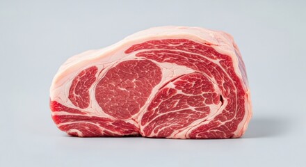 A large, raw, marbled cut of beef, showcasing its vibrant red color and intricate fat marbling, isolated on a light blue-grey background, ready for cooking.
