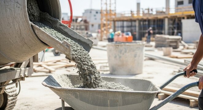 Worker transferring concrete from a cement mixer into a wheelbarrow at a construction site. Building and industrial concept.