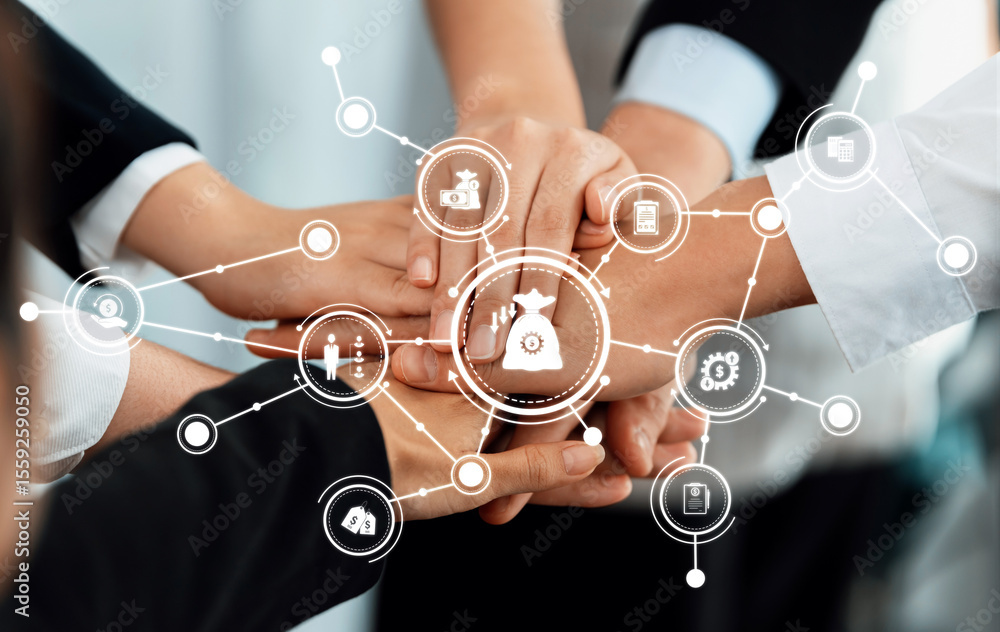 Poster a dynamic display of teamwork with hands united, symbolizing collaboration and strategic efforts tow