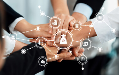 A dynamic display of teamwork with hands united, symbolizing collaboration and strategic efforts...
