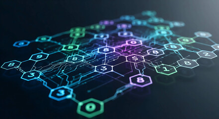 Abstract digital network glowing hexagons futuristic technology data visualization vibrant color gradient financial technology concept modern design background
