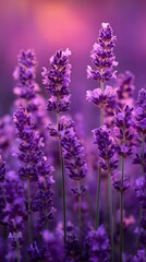 Obraz premium Lavender Blooms Capture the Essence of Tranquility in a Soft Purple Landscape at Sunset