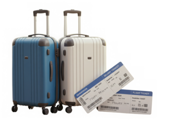Suitcases and flight tickets isolated on transparent background
