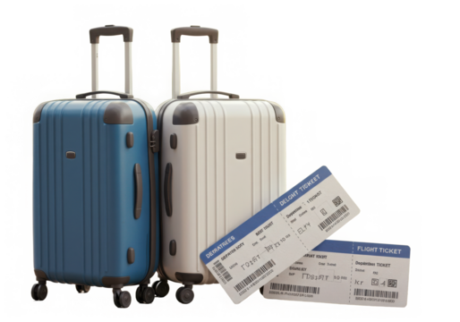 Suitcases and flight tickets isolated on transparent background