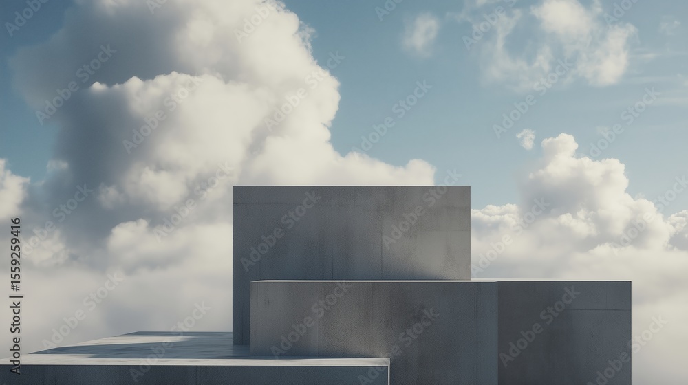 Poster cloudy sky with geometric structures created from concrete during daylight hours