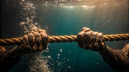 Underwater struggle with hands gripping rope amid rising bubbles and dramatic lighting