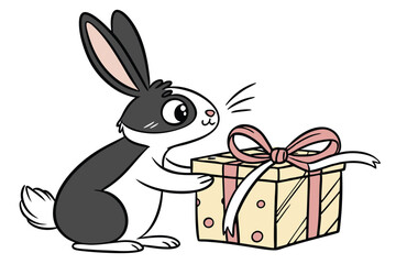 An adorable bunny presents a gift box adorned with ribbon and polka dots with love