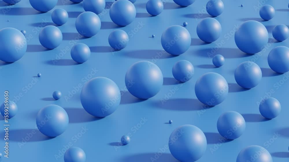 Poster minimal blue 3d background with spheres of varying sizes structured in rows – seamless loop abstract