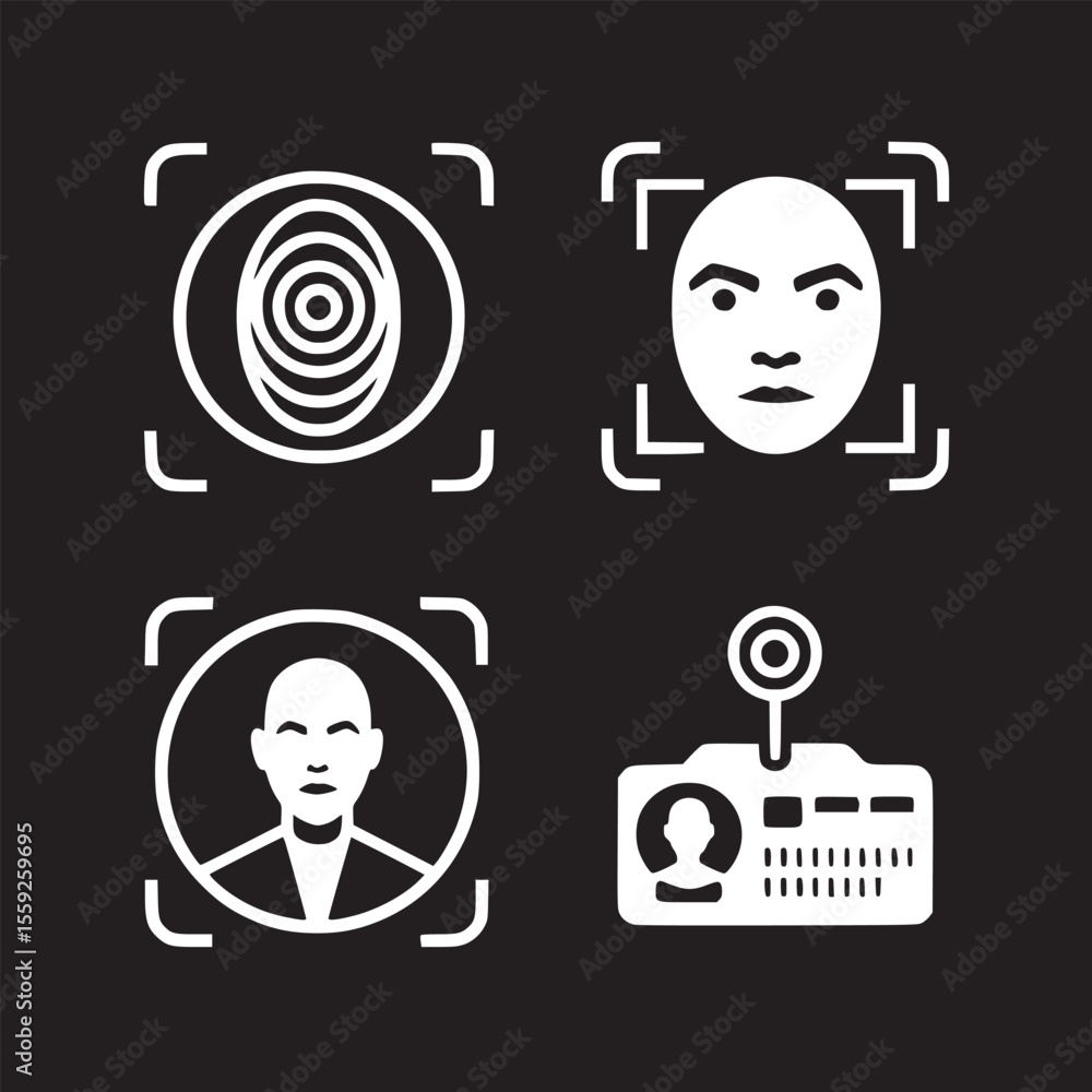 Poster a collection of four white biometric identification icons on a solid black background display securi