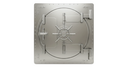 Heavy duty metallic vault door with a central wheel mechanism isolated on transparent background