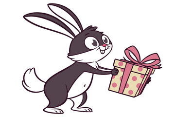 Animated bunny presents a gift box wrapped with a ribbon and dots on white