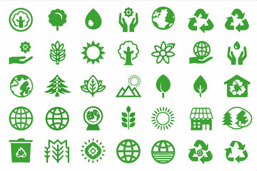 eco icons set, Set of green eco icons, Ecology icons set. Nature, environment, recycle flat icon.