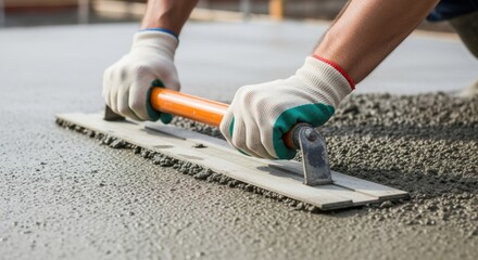 Caucasian man with protective gloves smoothing wet cement on a construction site. Builder worker leveling concrete floor surface by hand.