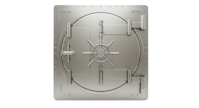 Heavy duty metallic vault door with a central wheel mechanism isolated on transparent background - Powered by Adobe