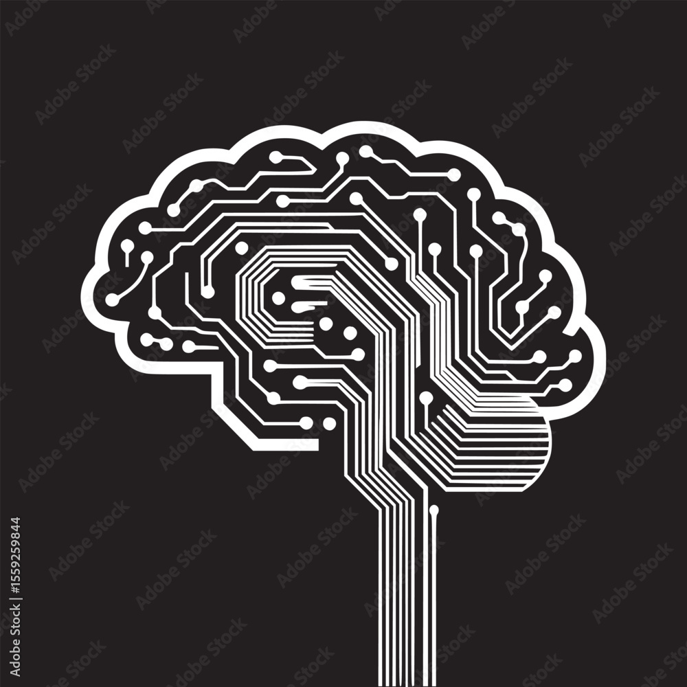 Poster a white brain outline with circuit board design on a black background representing technology