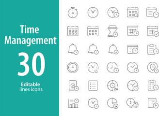 Time Management Line Icons, Clock, Calendar, Deadline, Schedule, Alarm, Planner, Stopwatch, and More , Editable Formats: AI, EPS, JPG, PNG , Ideal for Both Digital and Print Use

