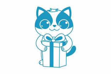 A happy blue cartoon raccoon is carrying a present with a ribbon