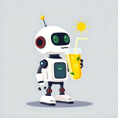 Flat Illustration of Funny Solar-Powered Robot Drinking a Solar Smoothie to Recharge

