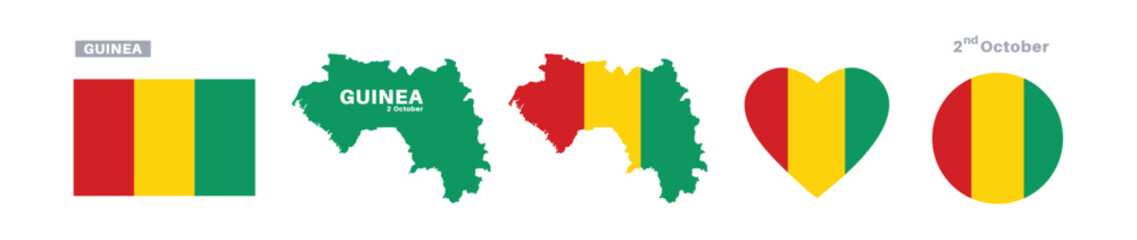 guinea flag and map set. guinea flag in official colors and proportions. independence day 2 october, map, circle and heart shaped guinea 
