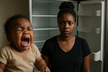 A stressed mother faces an empty fridge while her baby cries loudly. This captures the challenges of parenting and financial strain. Postpartum depression.