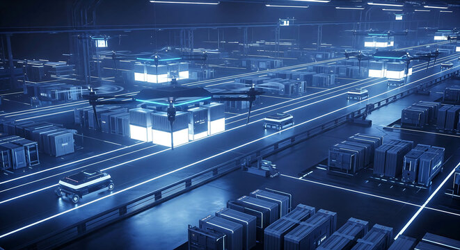 Futuristic automated warehouse drone delivery system night scene autonomous vehicles neon blue lighting high tech logistics smart city transportation network efficient cargo management
