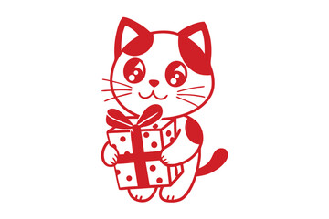 A cheerful kitten with red spots happily presents a brightly wrapped dotted gift box