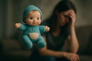 Joyful baby doll floats in air as blurred, distressed woman sits behind it. This image represents postpartum depression and mental health struggles. Postpartum depression.