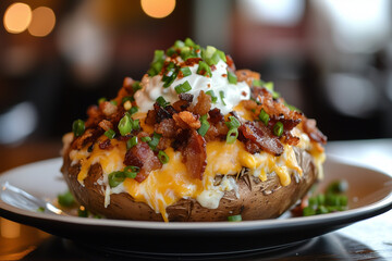 Loaded Baked Potato with Melted Cheese, Bacon, Sour Cream, and Chives