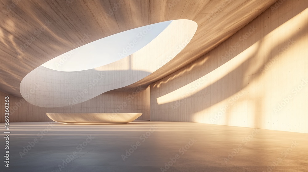 Poster futuristic architectural space featuring a large oval opening with soft light at sunset in a minimal
