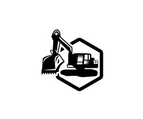 A bold silhouette of an excavator inside a hexagonal frame, symbolizing strength, construction, and heavy-duty machinery. Ideal for construction company branding, excavation services, or heavy equipme