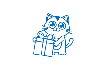 A cute cat holds a present, outlined in blue with a white background