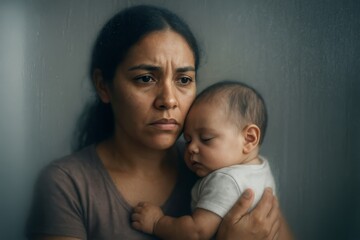 Worried mother holds her sleeping baby close by a window. A touching scene of maternal care and concern. Postpartum depression.