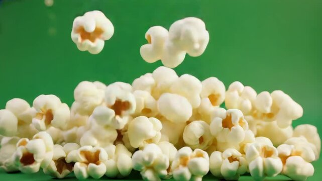 Ultra Slow Motion Popcorn Falling on Green Screen and Dramatically Hitting Invisible Surface
