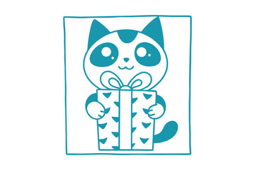 An adorable teal cartoon cat holds a present with a bow inside a teal square