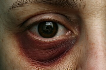 Fototapeta premium Close-up of a painful black eye and facial bruise. Evokes concepts of injury, domestic violence, or accident.