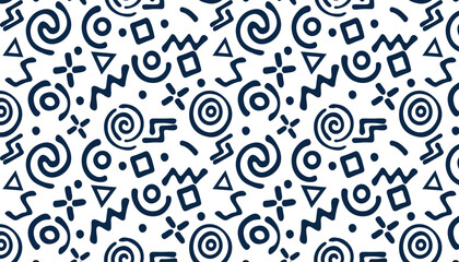 Abstract geometric pattern with navy blue doodles on white background