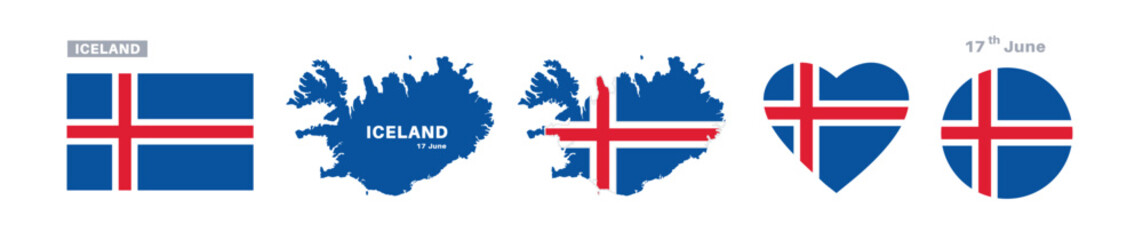 Obraz premium iceland flag and map set. iceland flag in official colors and proportions. independence day 17 june, map, circle and heart shaped iceland 