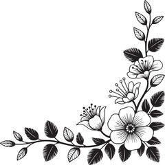 Corner floral design with blooming flowers and leaves in black and white line art illustration