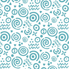 Seamless pattern of teal abstract swirls circles dots and zigzag shapes