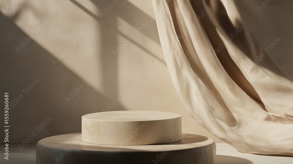 Poster minimalist display featuring geometric forms and soft drapery in a sunlit interior setting