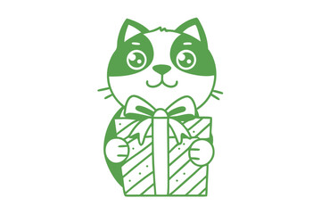 A delightful cat holds a gift box decorated with a bow, all in green
