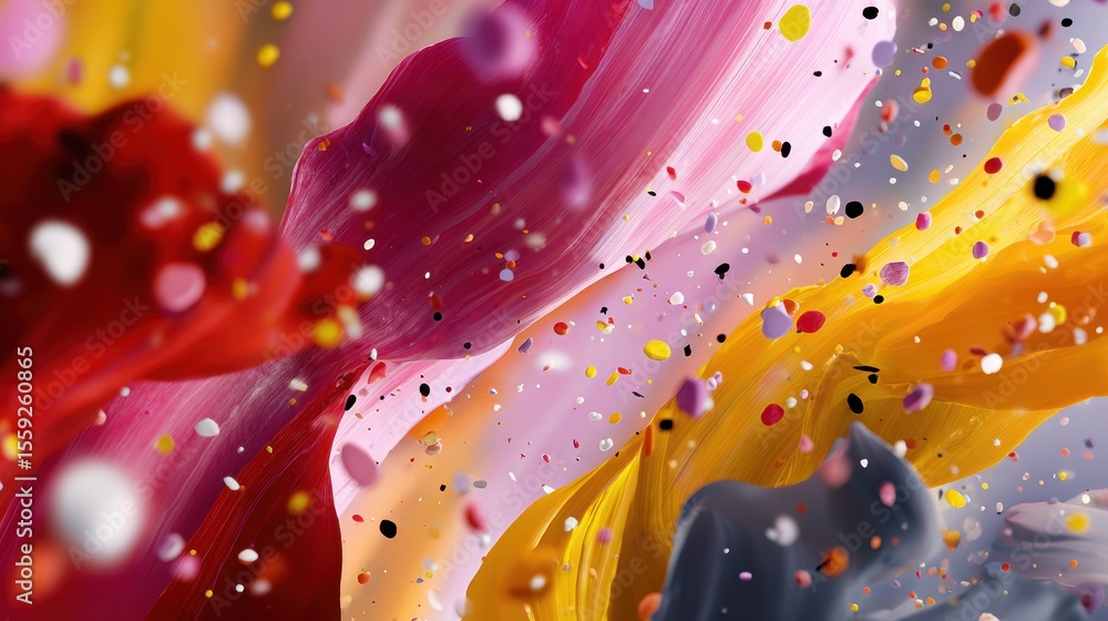 Poster vibrant abstract swirls with colorful confetti in dynamic motion