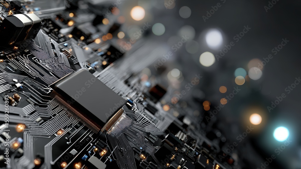 Poster close-up of electronic circuit board with microchip and glowing lights