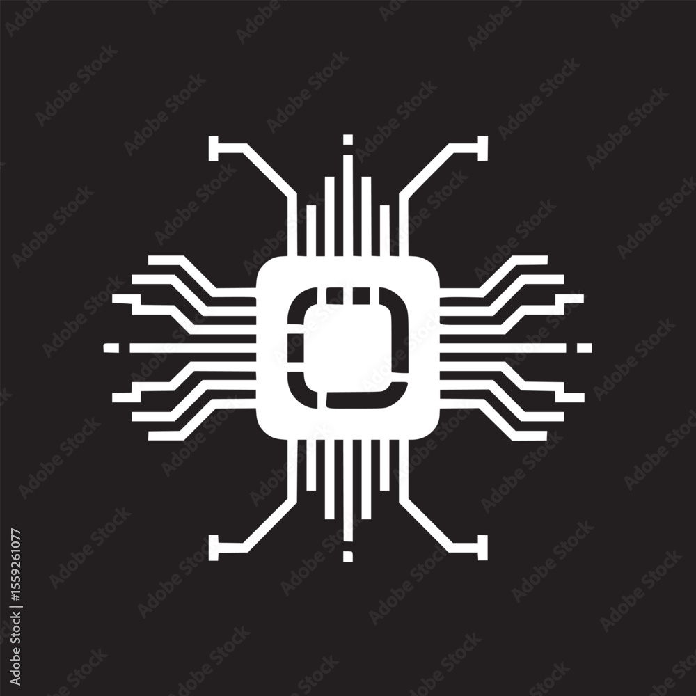 Poster a white computer chip icon with connecting lines on a black background digital representation