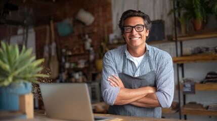Confident hispanic male adult entrepreneur in apron with laptop in cozy store