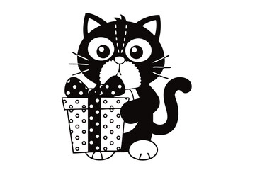 Adorable monochrome cartoon cat holds a polka dotted gift box tightly for someone special