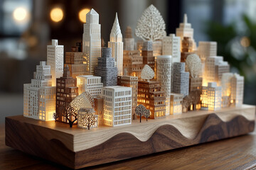 Modern Minimalist Paper Cityscape on Wooden Base – Architectural Model Display
